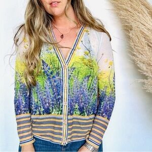 Anthropologie Floral Garden Print Cardigan in Green, Blue, Yellow